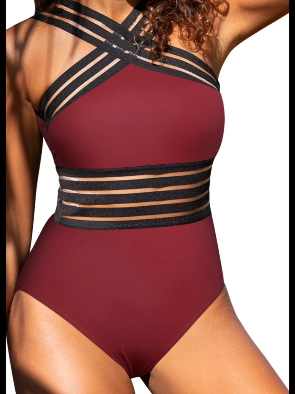 Plum One-Piece Swimsuit with Black Strappy Trim